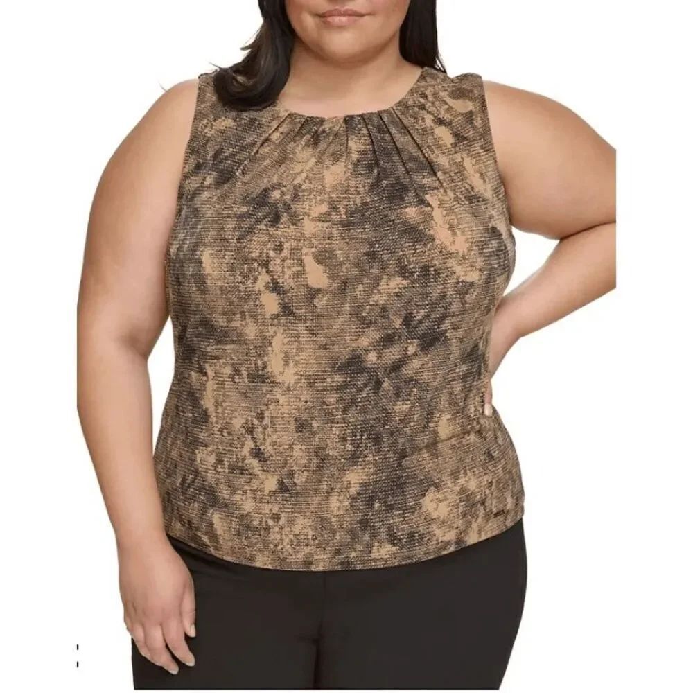 Calvin Klein Women's Plus Size Sleeveless Printed Pleated-Neck Top 2X